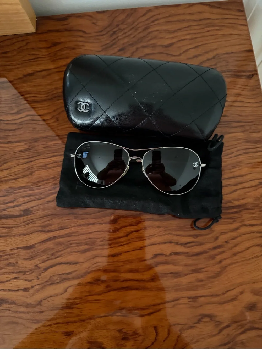 CHANEL Silver Frame Black Lens Aviator Sunglasses